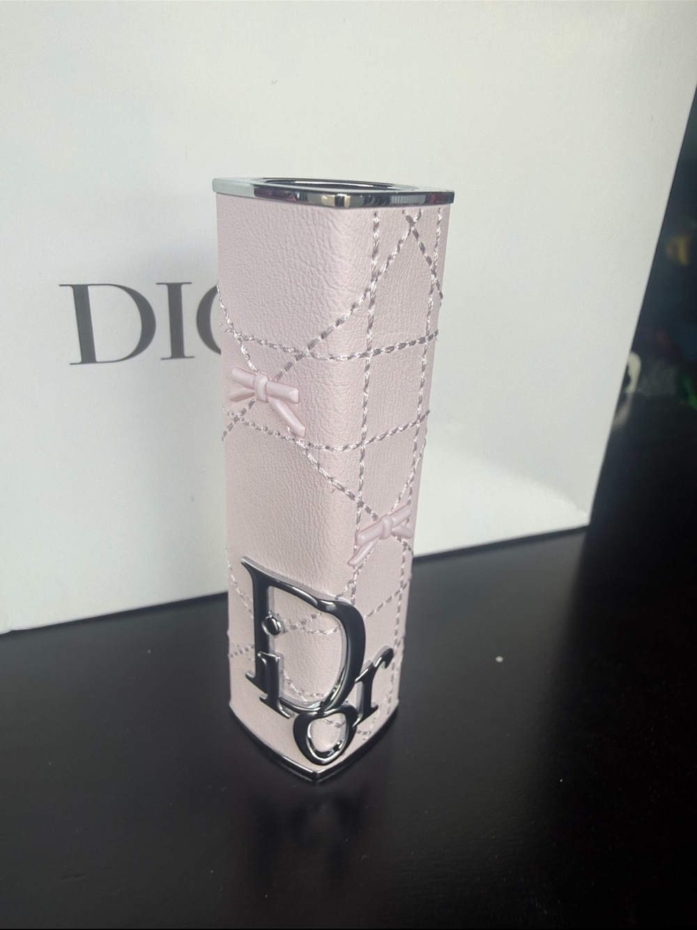 Dior Light Pink Quilted Bow Lipstick Case with Silver Logo limited edition Franc